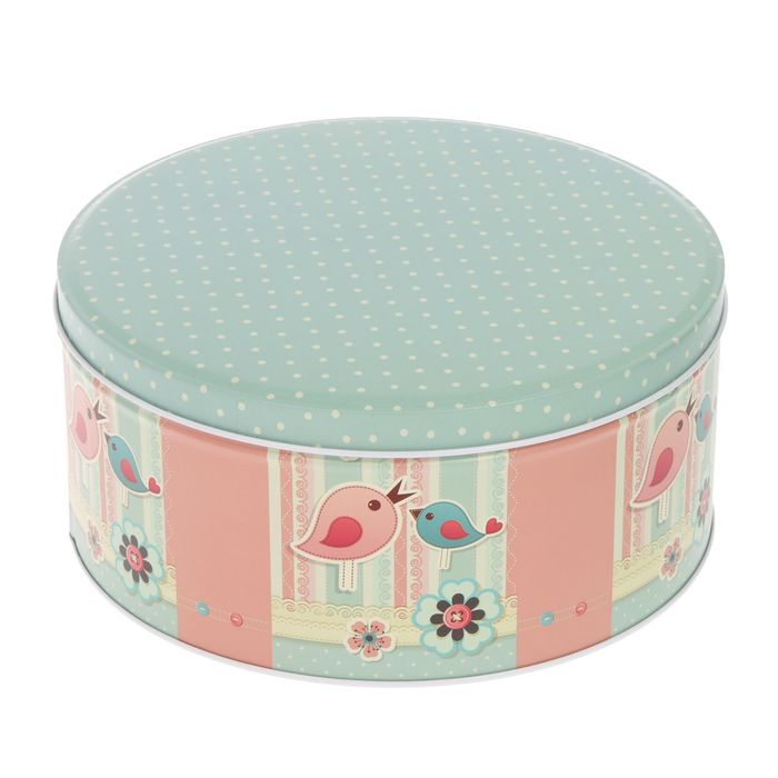 Шкатулка металл круг "Птички и горошек" 9х19,8х19,8 см