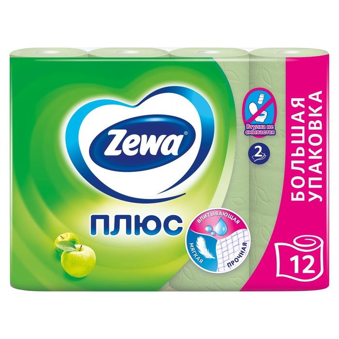 Туалетная бумага Zewa Плюс «Яблоко», 2 слоя, 12 рулонов туалетная бумага zewa плюс яблоко 2 слоя 12 рулонов