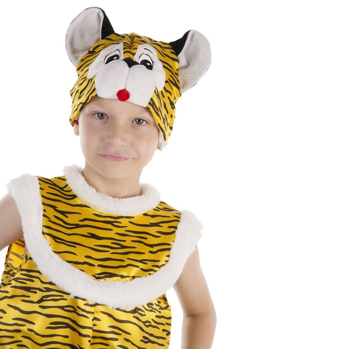 Карнавальный костюм "Тигр", комбинезон атласный, шапка, р-р 60, рост 110-116 см