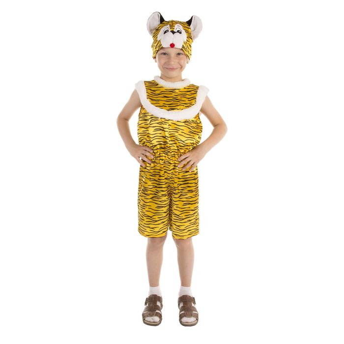 Карнавальный костюм "Тигр", комбинезон атласный, шапка, р-р 64, рост 122-128 см