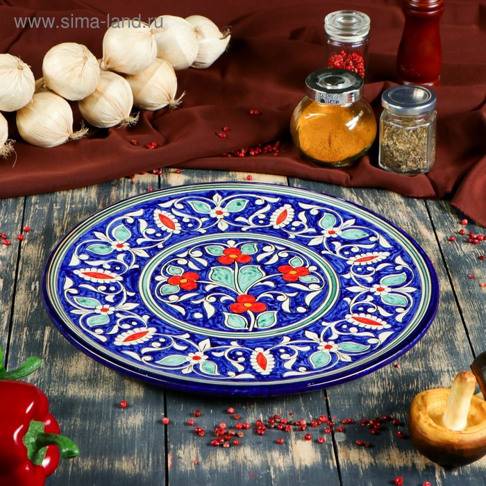 Тортовница Риштанская Керамика Цветы, 31 см, синяя солонка риштанская керамика синяя роспись