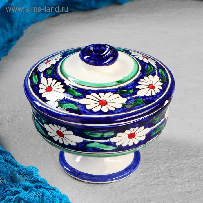 Сахарница Риштанская Керамика Цветы, 250 мл, синяя солонка риштанская керамика синяя роспись