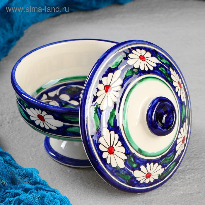фото Сахарница риштанская керамика "цветы", 250 мл, синяя шафран
