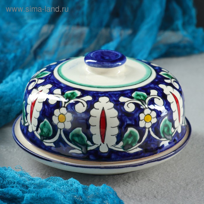 Масленка Риштанская Керамика Цветы, 13 см, синий