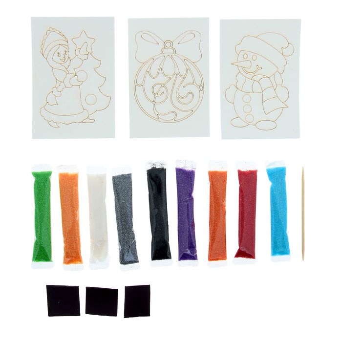 Фреска из песка "Магниты: шарик, снегурочка, снеговик"