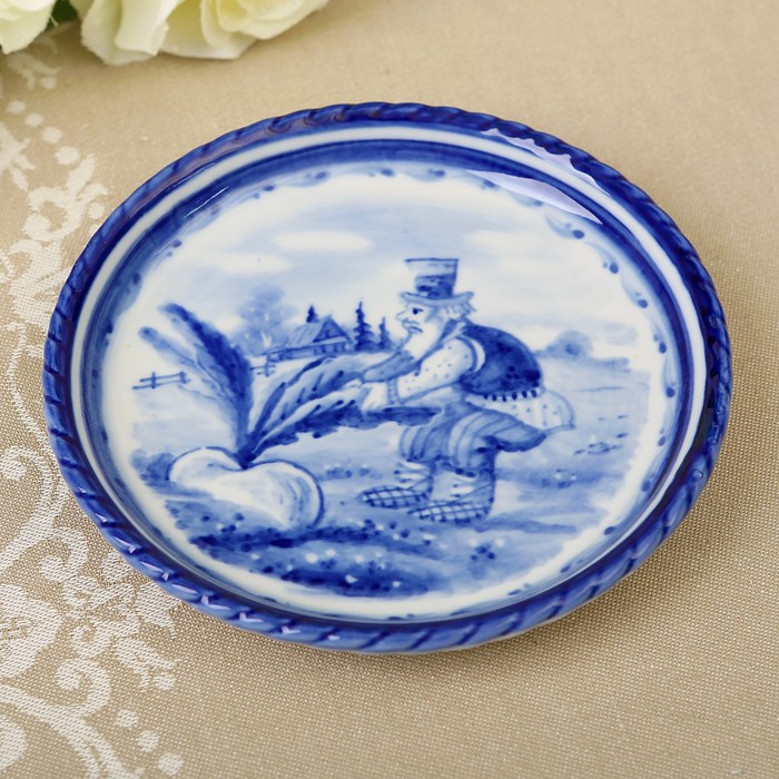 Блюдо «Играй гармонь», гжель, кобальт