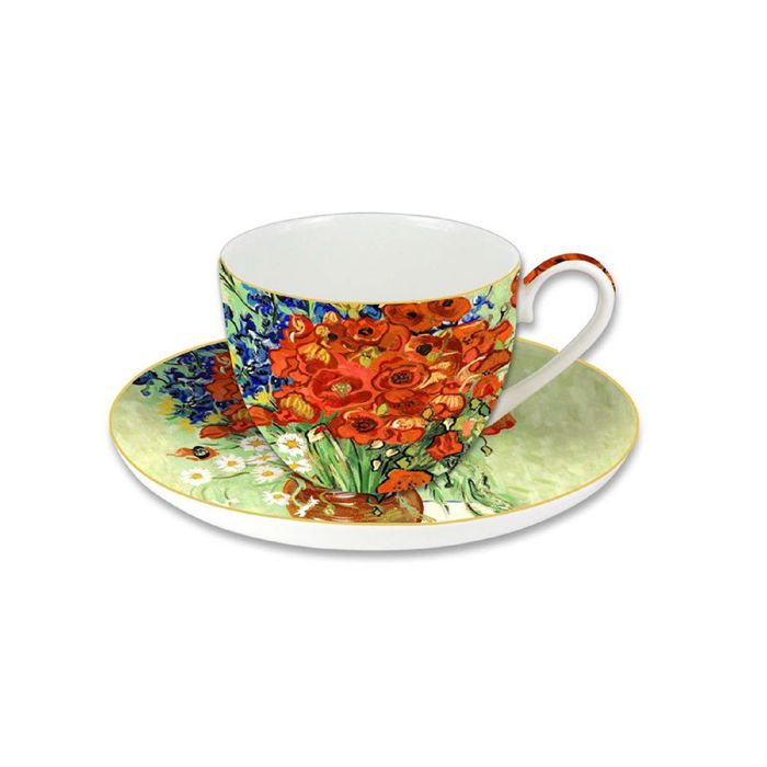 Чашка с блюдцем "Натюрморт с красными маками и ромашками"