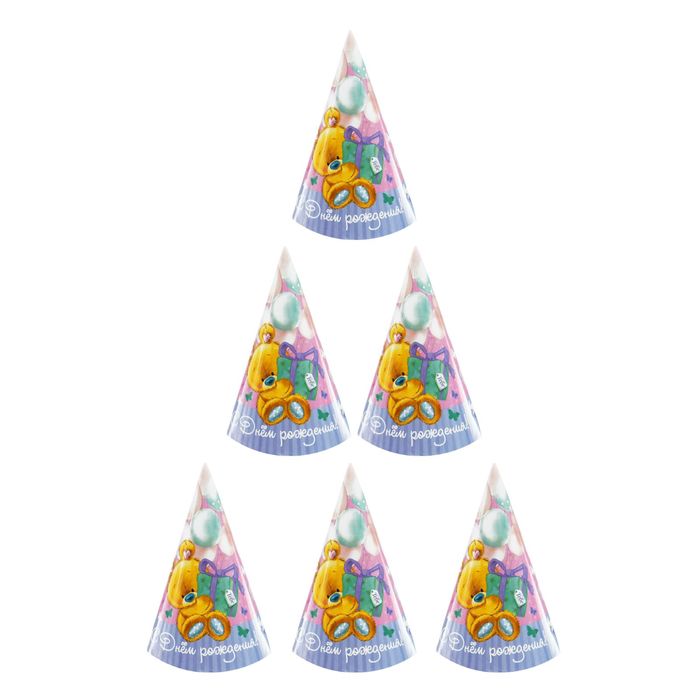 Бумажный колпак "С Днём Рождения", Мишка с подарком, набор 6 шт.