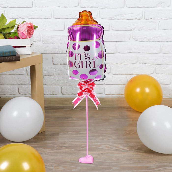 Шар фольгированный 12" "Бутылочка-девочка" бант, палочка, подставка