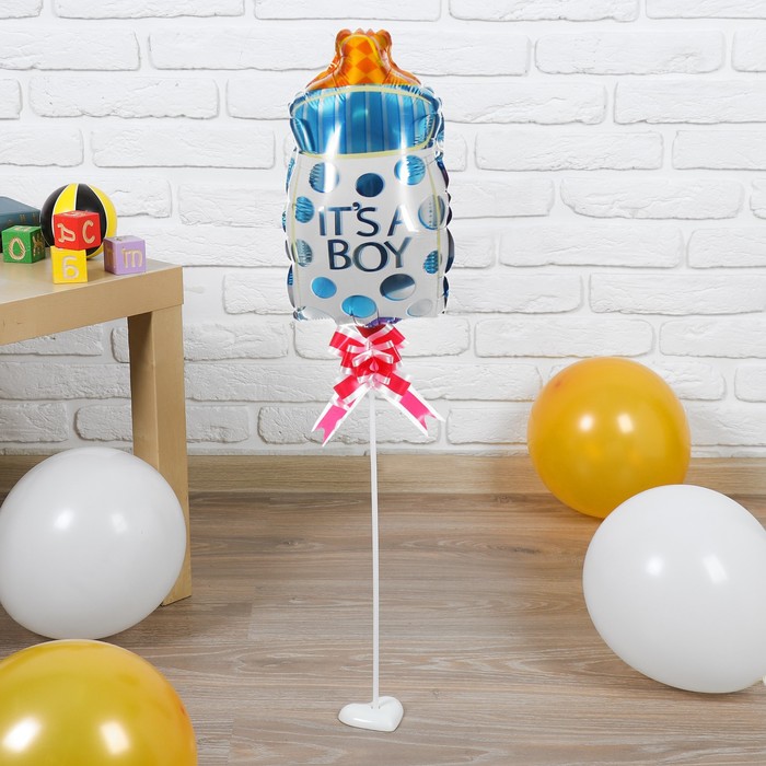 Шар фольгированный 12" "Бутылочка-мальчик" бант, палочка, подставка