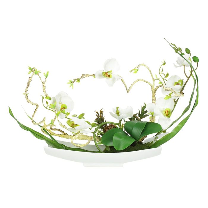 Декоративные цветы "Орхидея белая" на керамической подставке, 38х14х31 см