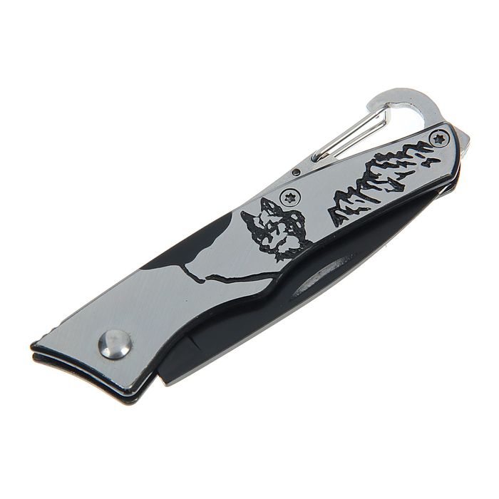 Нож перочинный лезвие drop-point черное 5,5см, рукоять Волк и горы с карабином, 14,5см