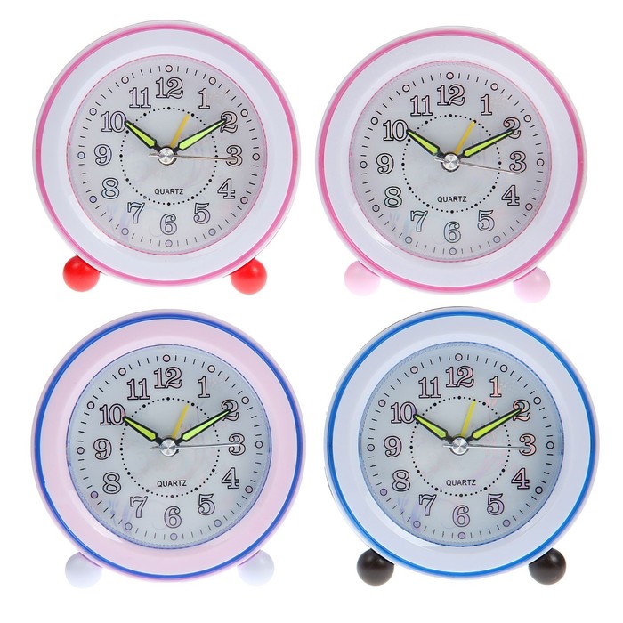 Будильник круг на ножках, бел циферблат, подсветка, стрелки светятся микс d=10см