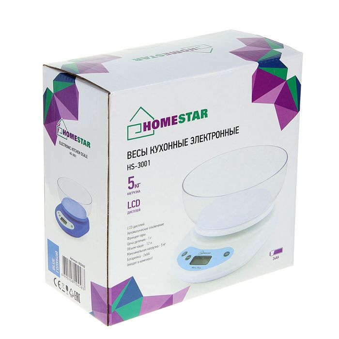 Весы кухонные электронные HOMESTAR HS-3001, до 5 кг, автоотключение, голубые