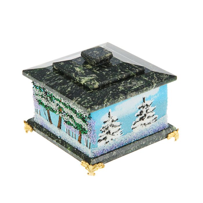 Шкатулка "Зима" 11 х 11 см квадратная с двойной крышкой на бронзовых ножках змеевик