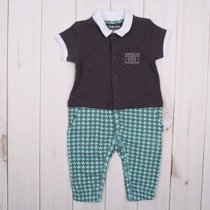 Комбинезон для мальчика, рост 56 см (36), цвет тёмно-серый меланж/голубой