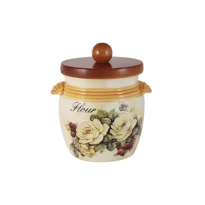 Банка для сыпучих продуктов с деревянной крышкой (мука), 750 мл, "Роза и малина"
