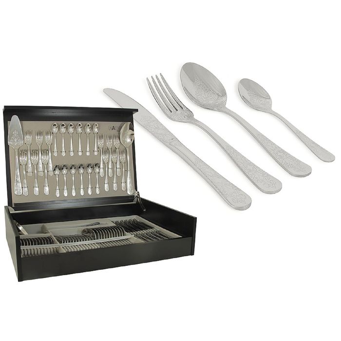 Набор столовых приборов 75 предметов на 12 персон Antique Mirror, 12 столовых ложек, 12 чайных ложек, 12 кофейных ложек, 12 столовых вилок, 12 десертных вилок, 12 столовых ножей, половник, лопатка, ложка, в деревянной коробке