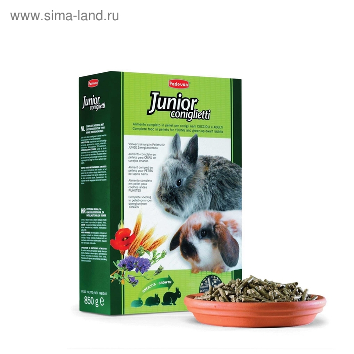 Корм Padovan JUNIOR Coniglietti для кроликов и молодняка, комплексн./основн., 850 г.