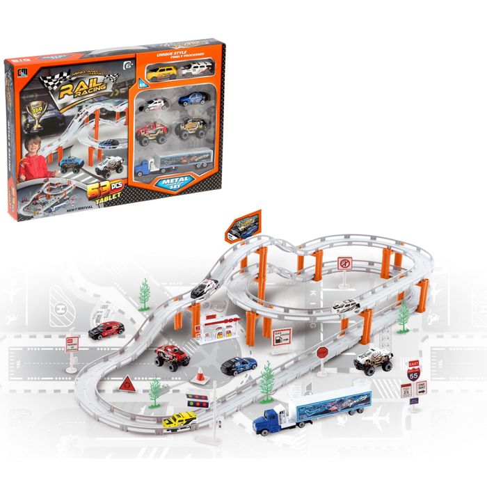 Автотрек "Стритрейсеры", 53 элемента, 1 джип работает от батареек и имеет сменный кузов, металлическая техника