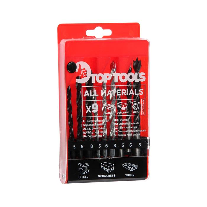 Сверла разные Top Tools, металл/бетон/дерево набор 9 шт.