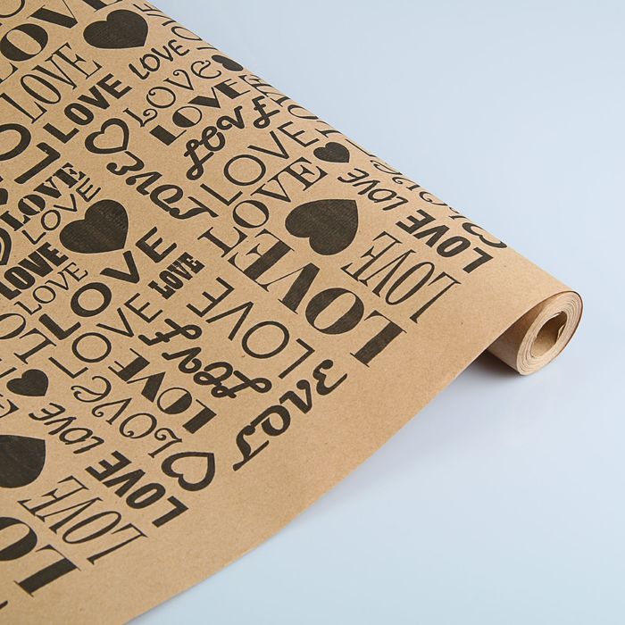 Бумага упаковочная крафт "Love" черный на коричневом, 70 см х 8,5 м