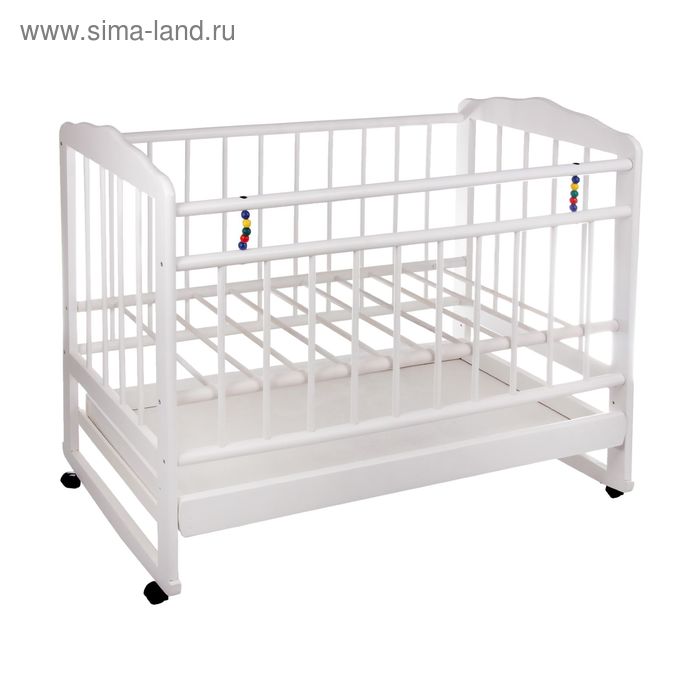 Детская кроватка «Женечка-4» на колёсах или качалке, с ящиком, цвет белый