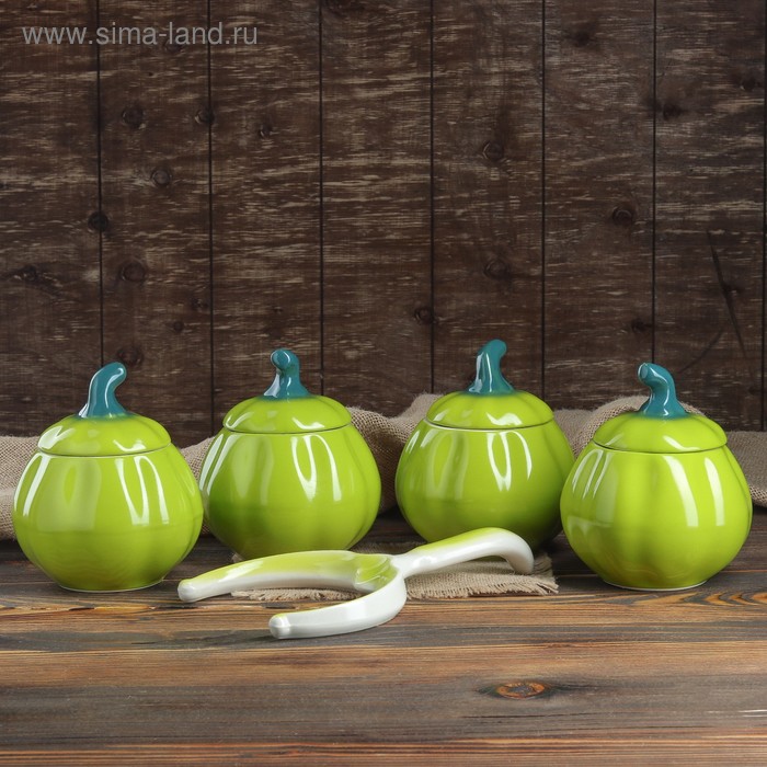 фото Набор для жаркого "тыква", цвет зеленый, 5 предметов: 4 горшка 0.8 л, рогач, керамика ручной работы