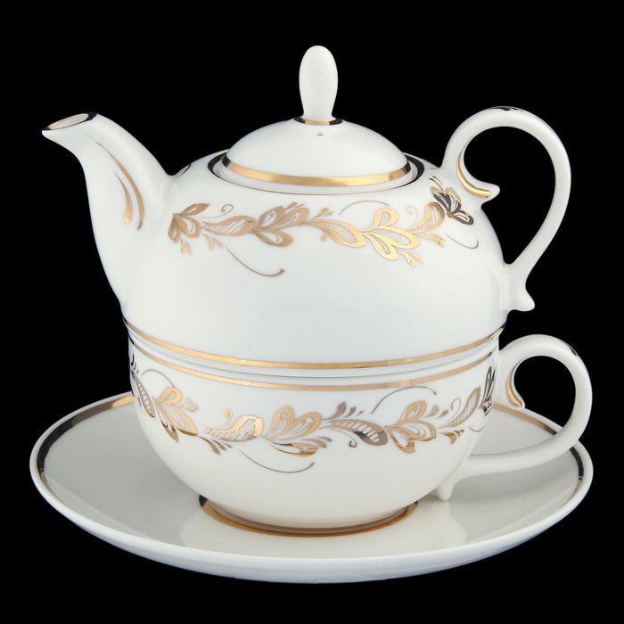 Сервиз чайный "Эгоист", 3 предмета: чайник 450 мл, чашка 350 мл, блюдце 16,5 см, золотая отводка