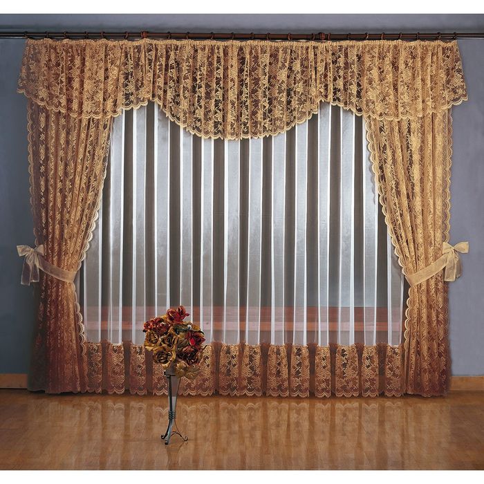 Комплект штор 5860 "Мария": тюль ш 500 х в 250 см, шторы ш 150 х в 250 см - 2 шт, ламбрекен ш 500 х в 70 см, тёмно-коричневый