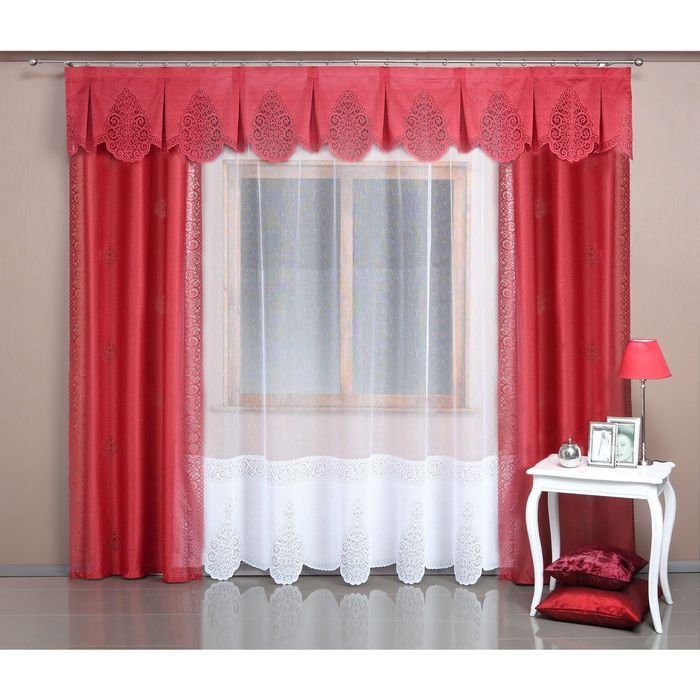 Комплект штор 5997: тюль ш 400 х в 250 см, шторы ш 90 х в 250 см - 2 шт, ламбрекен ш 360 х в 45 см, красный