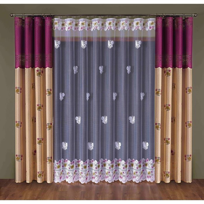 Комплект штор 014W: тюль ш 300 х в 250 см, шторы ш 140 х в 250 см - 2 шт, малиновый, бежевый