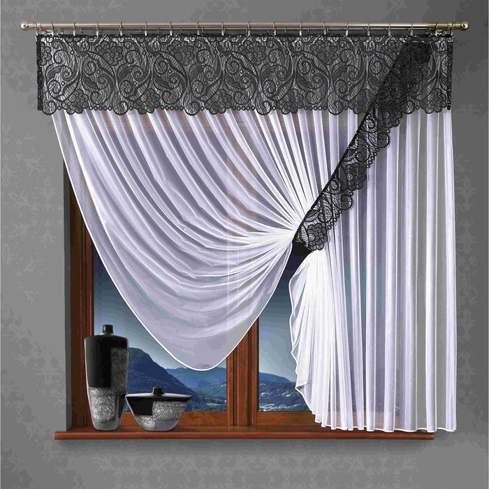 Комплект штор 079W: тюль ш 400 х в 180 см, ламбрекен ш 200 х в 40 см, подхват ш 20 х д 250 см, чёрно-белый