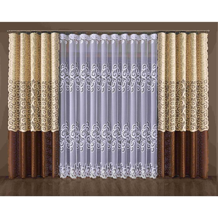 Комплект штор 091W: тюль ш 500 х в 250 см, шторы ш 150 х в 250 см - 2 шт, коричневый