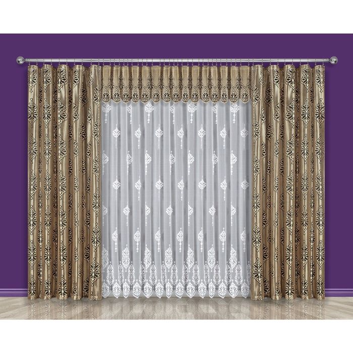 Комплект штор 191W: тюль ш 400 х в 250 см - 2 шт, шторы ш 150 х в 250 см - 2 шт, ламбрекен ш 500 х в 50 см, коричневый, золотой