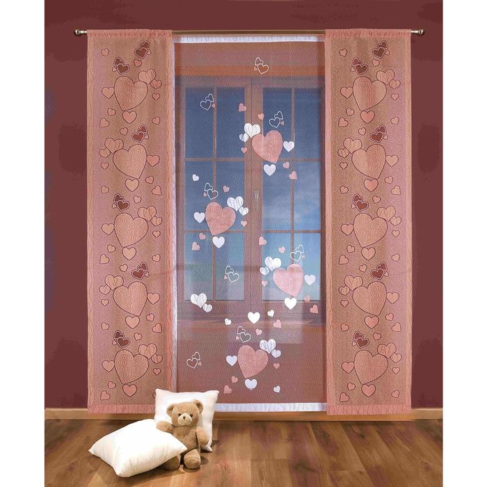 Гардина-панно "Сердца", размер 100х250 см-1 шт, 50х250 см-2 шт, розовый 3327