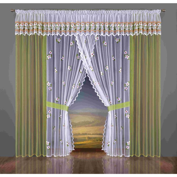 Комплект штор 337W: тюль ш 150 х в 250 см - 2 шт, шторы ш 100 х в 250 см - 2 шт, ламбрекен ш 750 х в 45 см - 2 шт, бело-оливковый