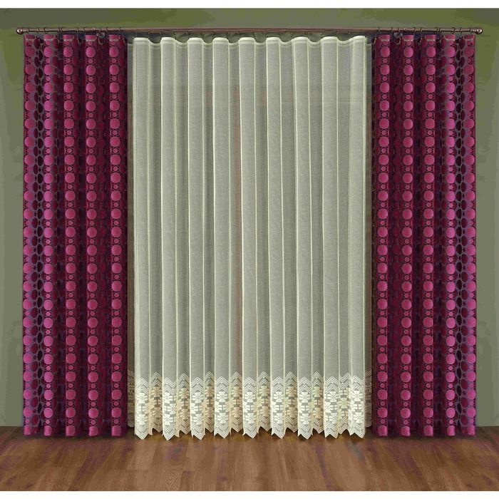 Комплект штор 347W: тюль ш 350 х в 250 см, шторы ш 150 х в 250 см - 2 шт, бордовый, белый