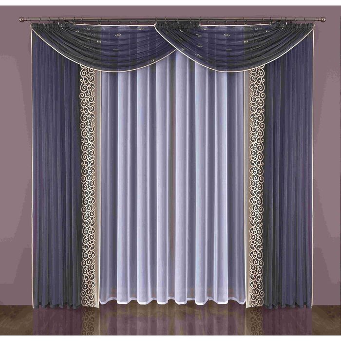 Комплект штор 349W: тюль ш 400 х в 240 см, шторы ш 150 х в 240 см - 2 шт, ламбрекен ш 180 х в 140 см - 2 шт, чернильный, белый