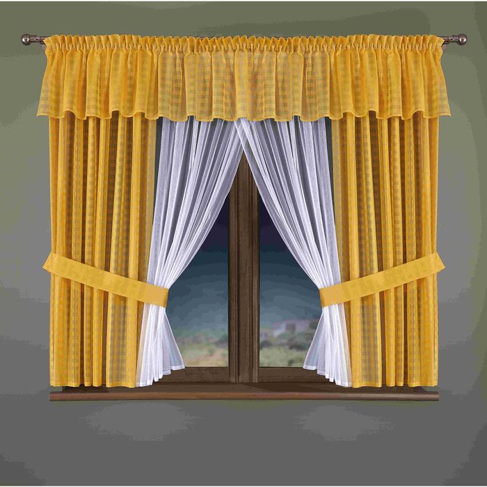 Комплект штор с подхватами 350W: тюль ш 150 х в 170 см, шторы ш 150 х в 170 см - 2 шт, ламбрекен ш 400 х в 40 см, жёлтый