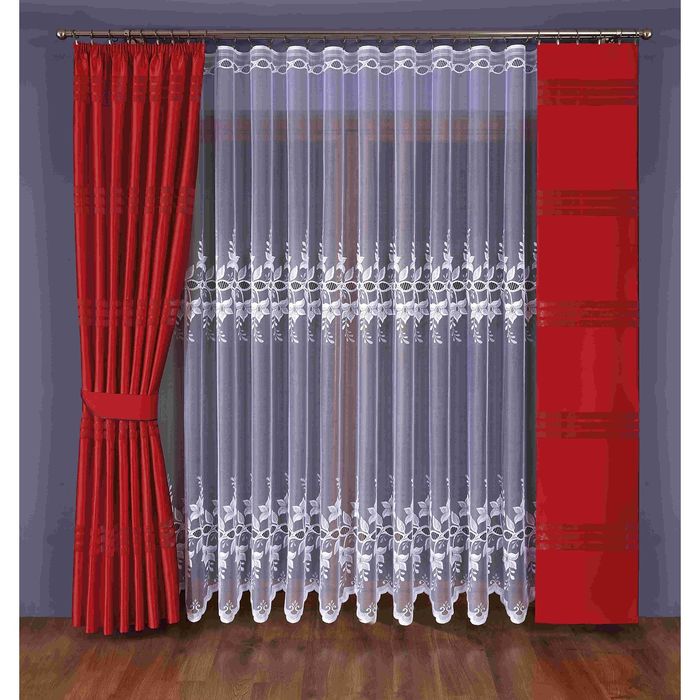 Комплект штор с подхватом 351W: тюль ш 400 х в 245 см, портьера ш 170 х в 245 см, гардина-панно ш 40 х в 245 см, красный, белый