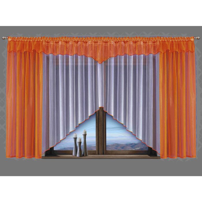 Комплект штор 5483: тюль ш 400 х в 180 см, шторы ш 150 х в 180 см - 2 шт, ламбрекен ш 500 х в 50 см, оранжевый, белый