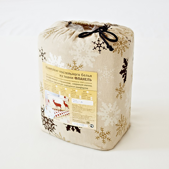 Постельное бельё 2 сп. Снежинки беж 175х220см, 200х220см, 50х70см 2шт, фланель облегчённая 147 г/м.кв. хл100%