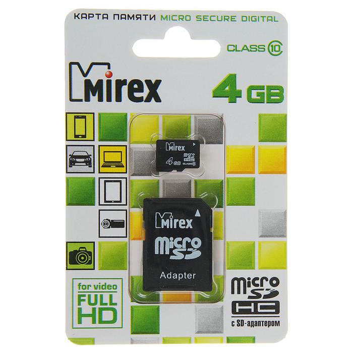 Карта памяти Mirex microSD, 4 Гб, SDHC, класс 10, с адаптером SD