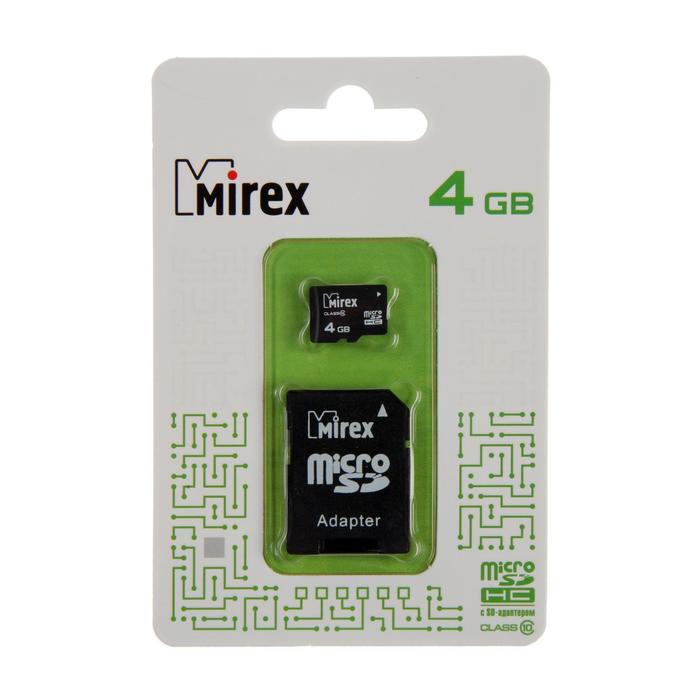 Карта памяти Mirex microSD, 4 Гб, SDHC, класс 10, с адаптером SD