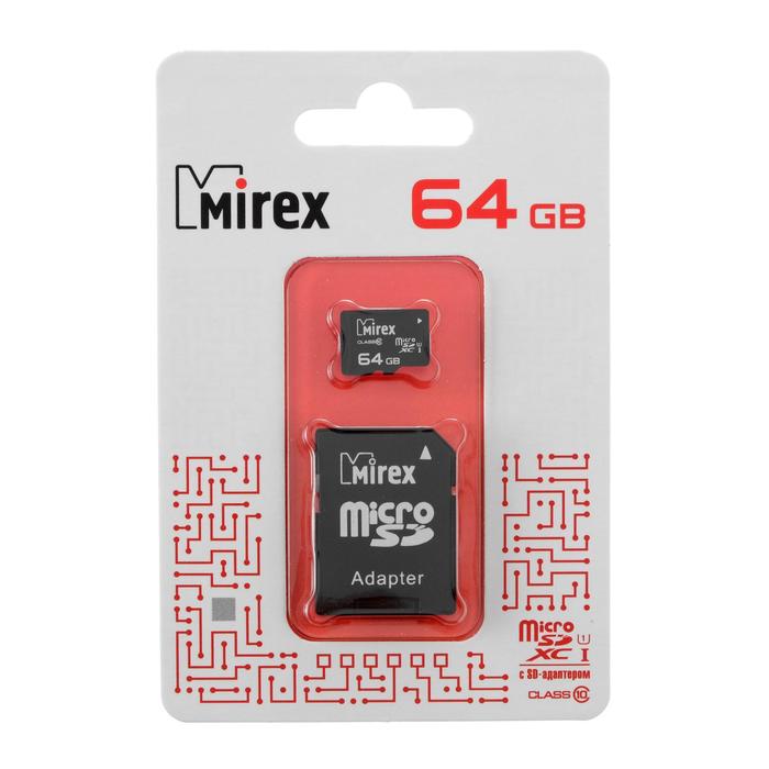 Карта памяти Mirex microSD, 64 Гб, SDXC, UHS-I, класс 10, с адаптером SD