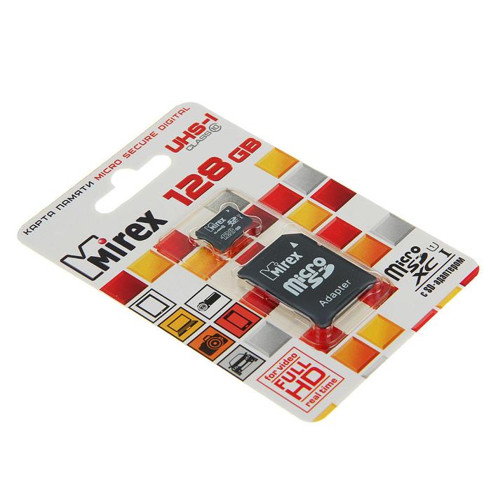 фото Карта памяти mirex microsd, 128 гб, sdxc, uhs-i, класс 10, с адаптером sd