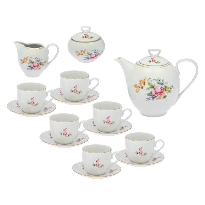 Кофейный сервиз на 6 персон "Мейсенский букет", 15 предметов: кофейник 1,2 л, сливочник 200 мл, сахарница 250 мл , 6 кофейных чашек 170 мл, 6 блюдец 12,5 см