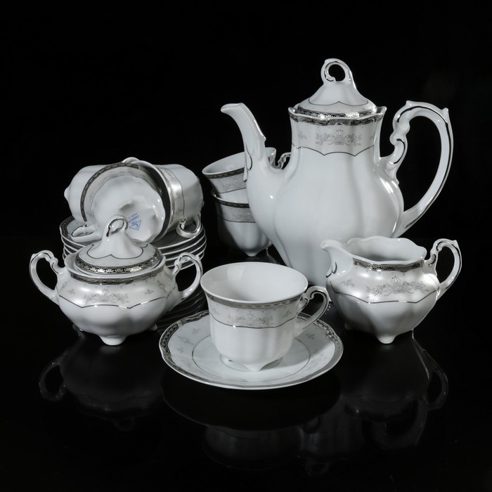 Кофейный сервиз на 6 персон, 15 предметов: кофейник 1,45 л, сливочник 300 мл, сахарница 350 мл, 6 чашек высоких 220 мл, 6 блюдец 16 см