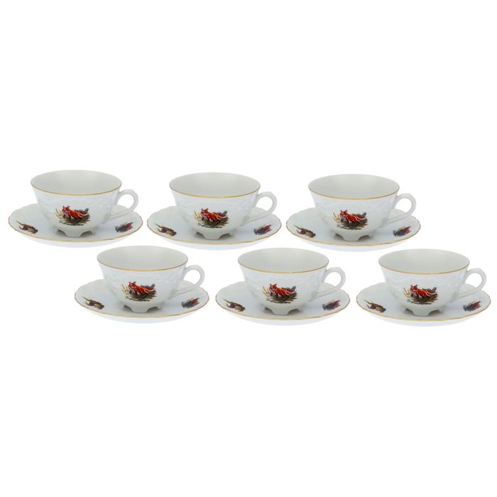 Набор чайный на 6 персон "Охота белая", 12 предметов: 6 чашек 220 мл, 6 блюдец 15,7 см